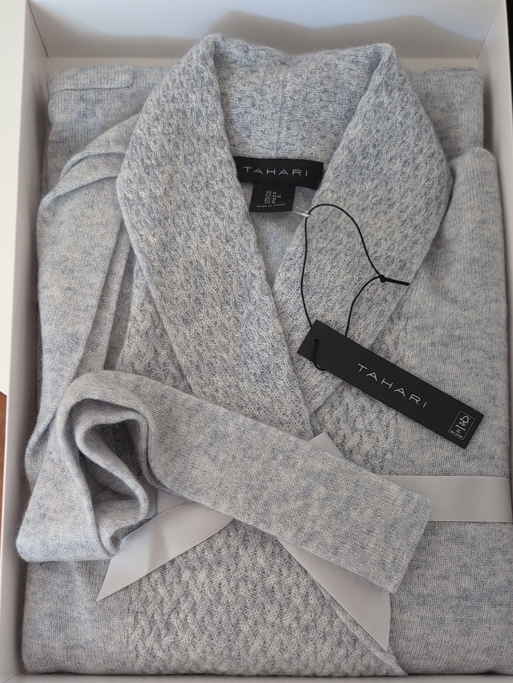 Tahari Long Heather Gray Shawl-Collar Cardigan M Wool And Cashmere